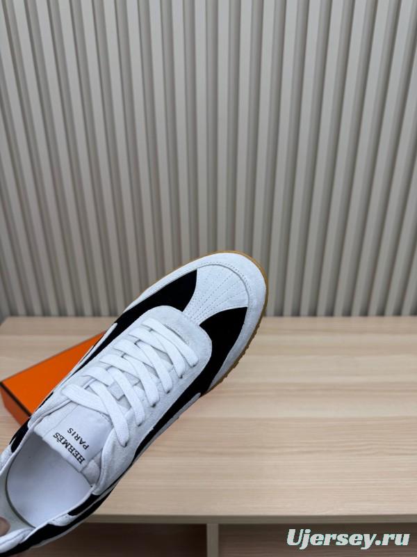 2025 Unisex Hermès White Black Suede Goat Leather Sneakers Top Version LY00310