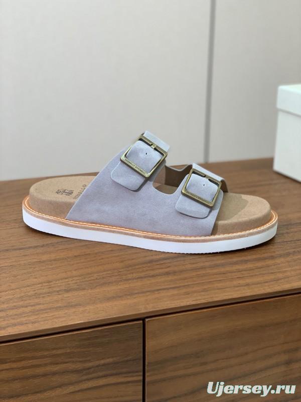 2025 Unisex Brunello Cucinelli Light Grey Suede Casual Sandals With Adjustable Buckles KFY00250