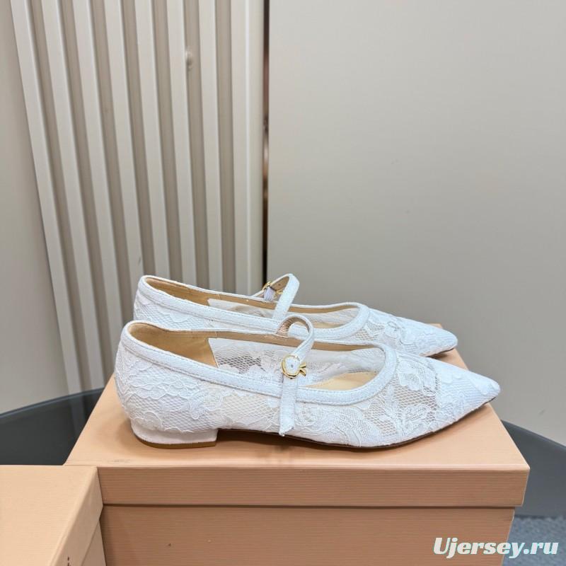 2025 Women Gianvito Rossi White Lace Leather Low Heel Ballerina KFY00260