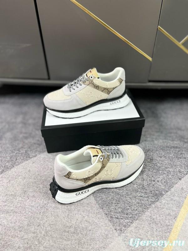 2024 Men Gucci Beige Brown Canvas Leather Sneakers MJ00260