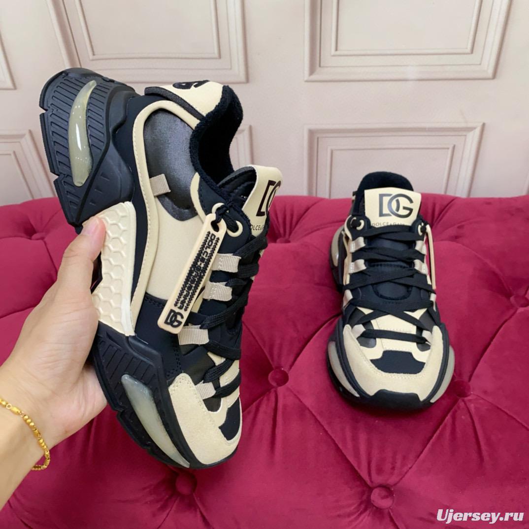 2024 Unisex Dolce & Gabbana Black Beige Wool Leather Sneakers MJ00340