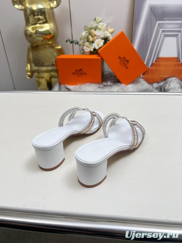 2025 Herme* White Leather Slippers Classic H Pattern MJ00180/215