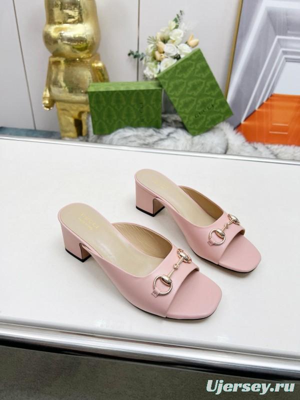 2025 Women Gucci Pink Leather Block Heel Mules MJ00180