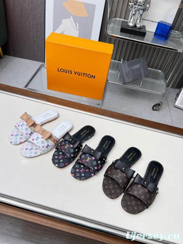 2025 Women Louis Vuitton White Multicolor Leather Slippers Monogram LY00200