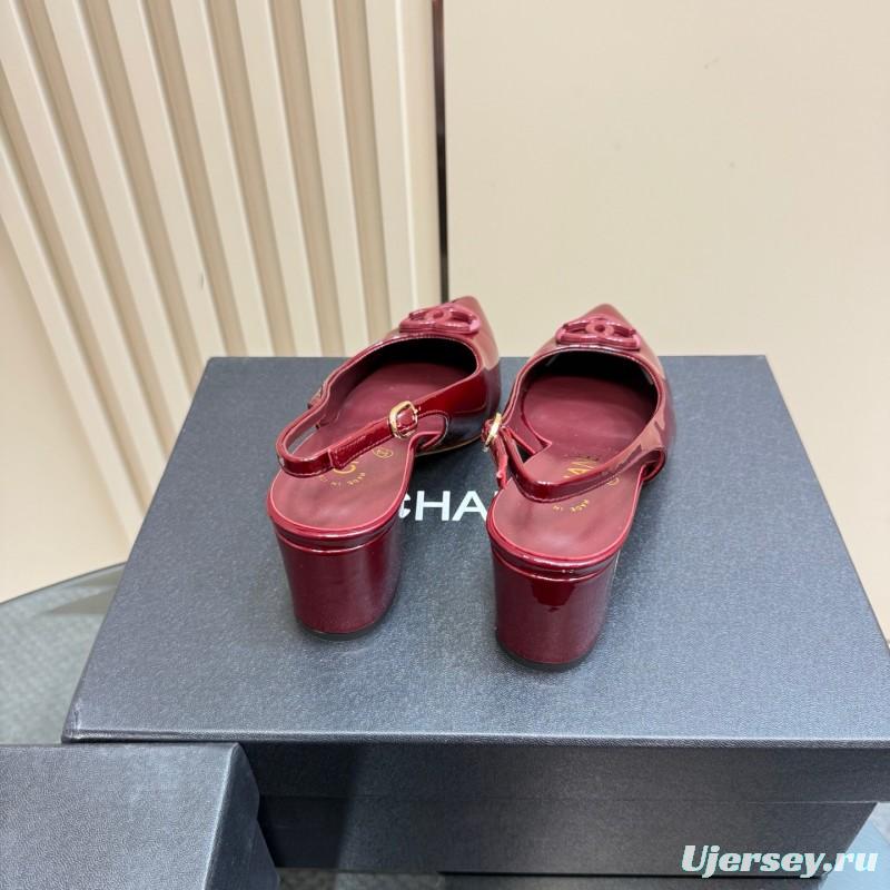 2025 Women Chanel Burgundy Patent Leather Slingback Pumps