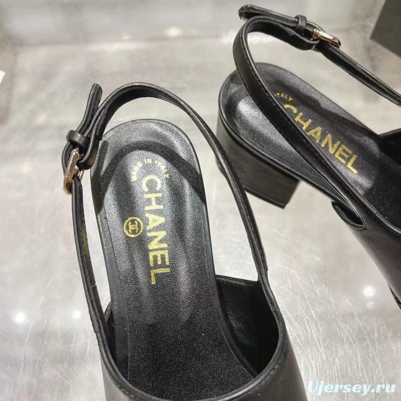 2025 Women Chanel Black Leather Slingback Heels LY00300