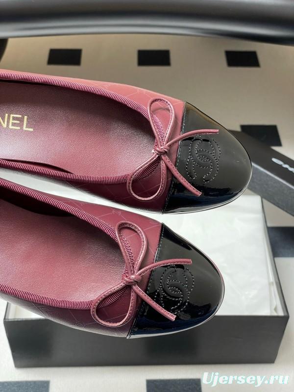 2025 Women Chanel Purple Black Leather Ballet Flats KFY00320