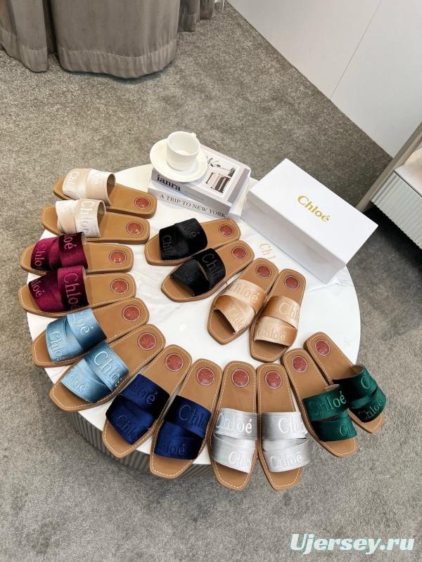 2025 Women Chloé Blue Denim Leather Slippers LY00200