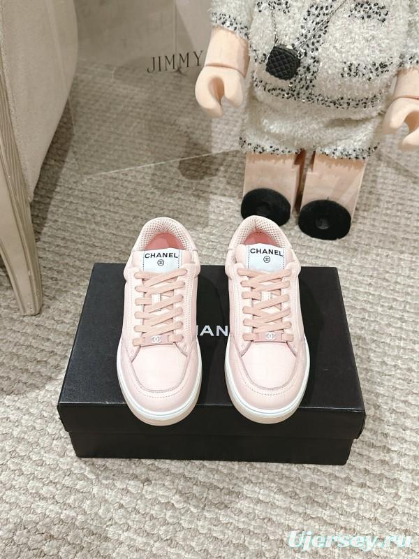 2025 Women Chanel Pink Leather Sneakers