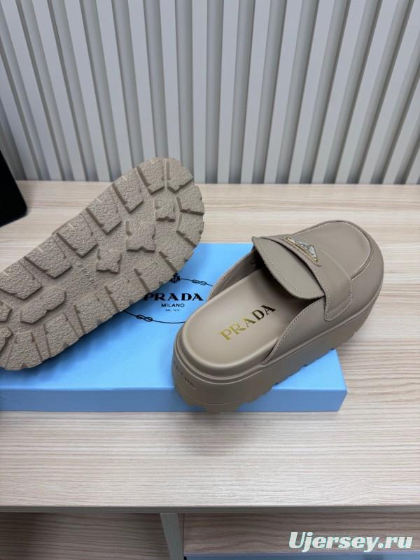 2025 Women Prada Beige Leather Slippers