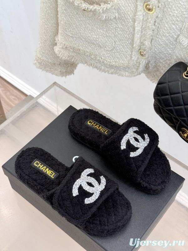 2025 Women Chanel Black Terry Cloth Slippers KFY00220