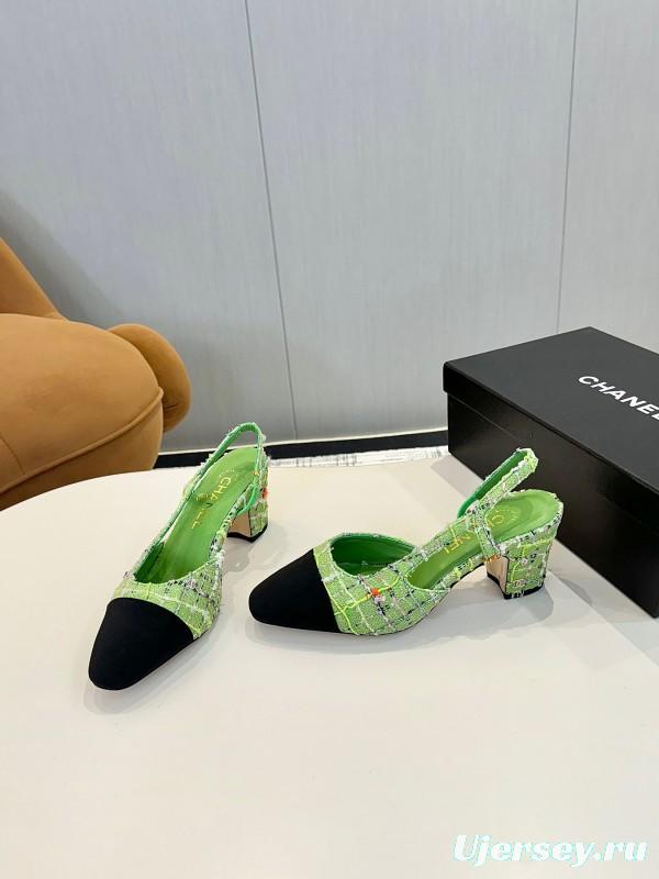 2025 Women Chanel Green Black Fabric Leather Slingback Shoes