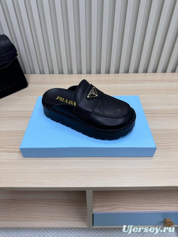 2025 Women Prada Black Leather Platform Loafers