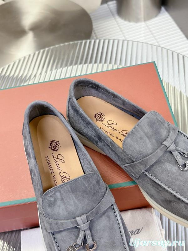 2024 Unisex Loro Piana Grey Suede Loafers MJ00270