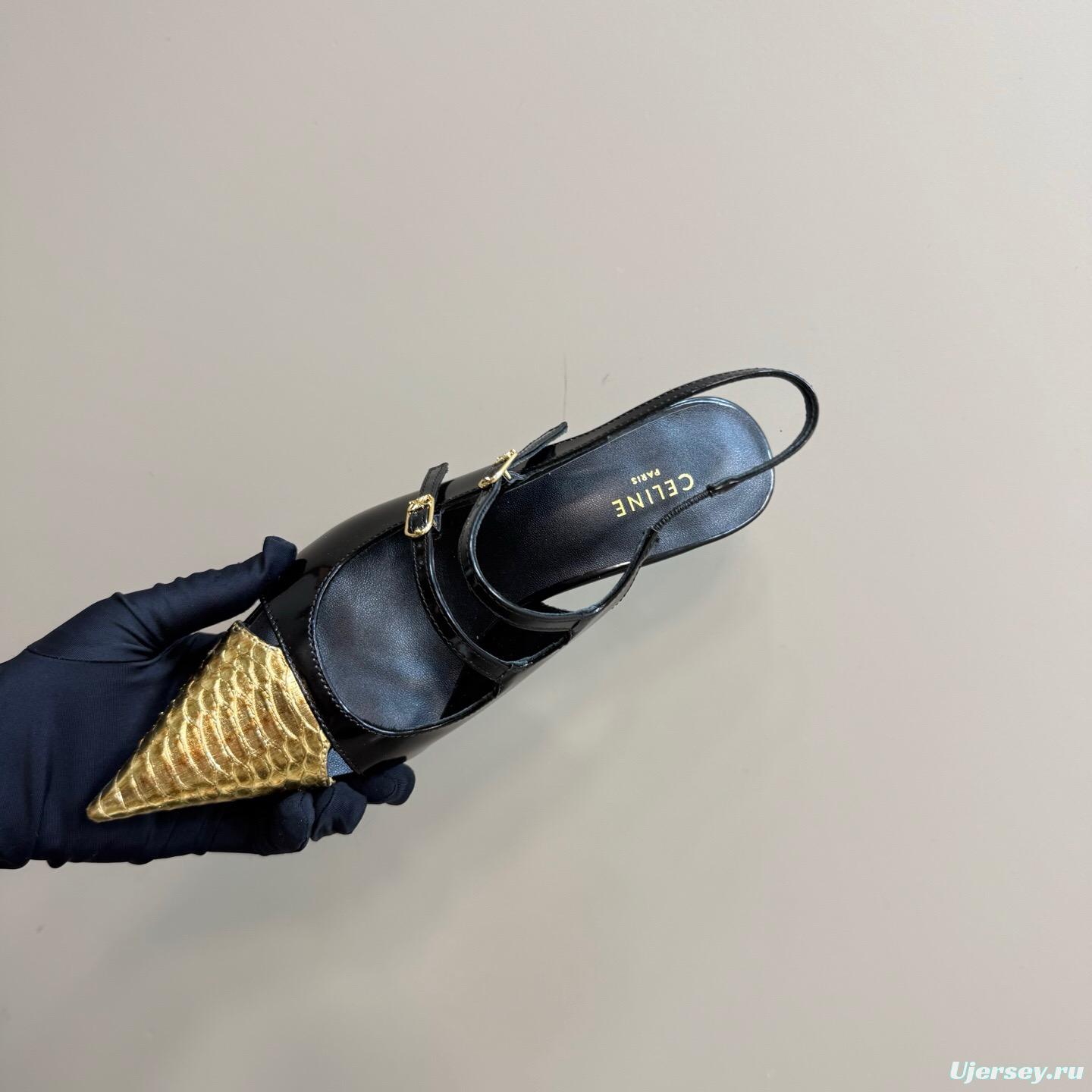 2025 Women CELIN* Black Gold Leather Pointed Toe Slingback Heels