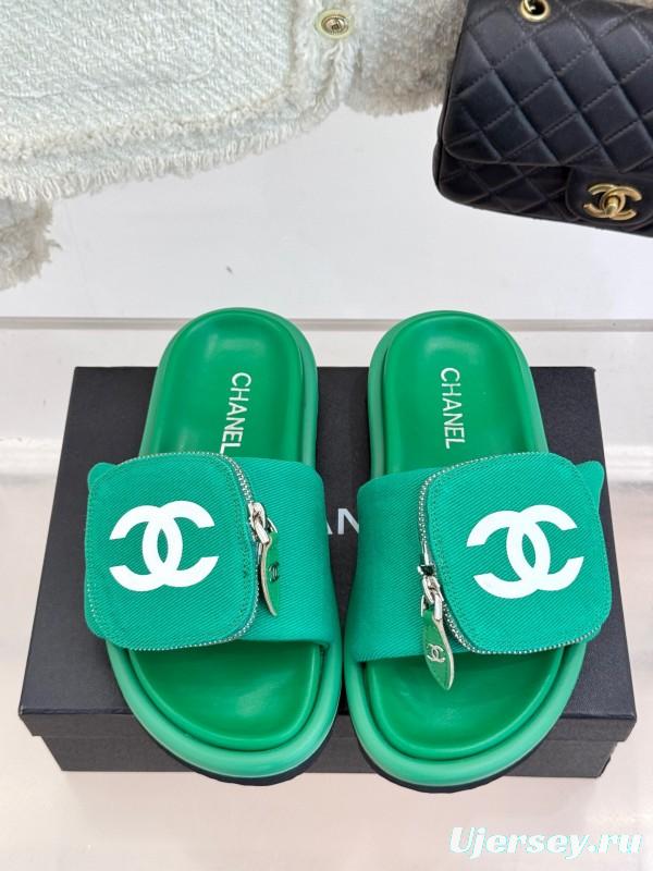 2025 Slippers Chanel Green Canvas Women Slippers KFY00220