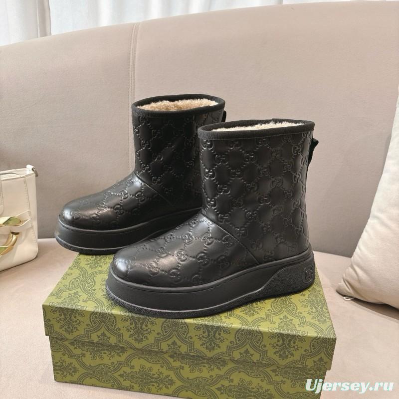 2024 Women Gucci Black Leather Suede Shearling Snow Boots MJ00350