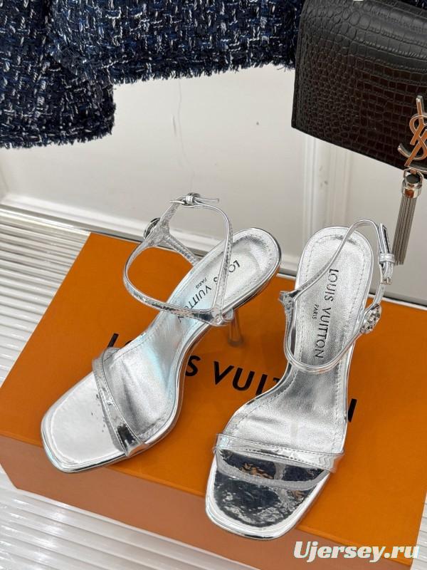 2025 Women Louis Vuitton Silver Calfskin Leather Strappy High Heel Sandals KFY00280