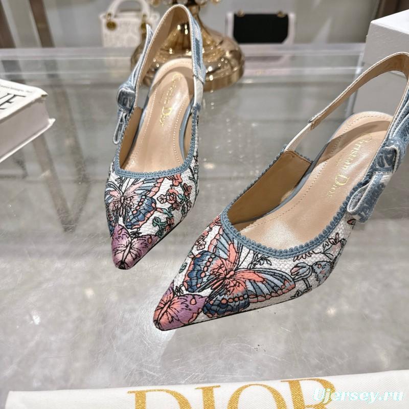 2025 Women Dior Blue Pink Embroidered Fabric Slingback Heels