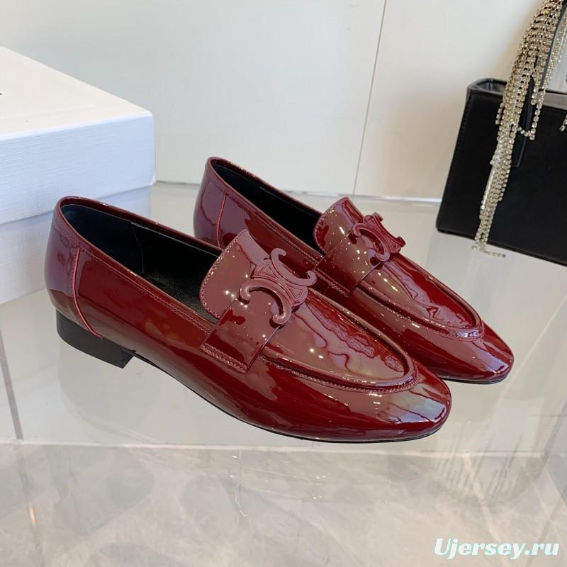 2025 Women CELINE Burgundy Patent Leather Loafers
