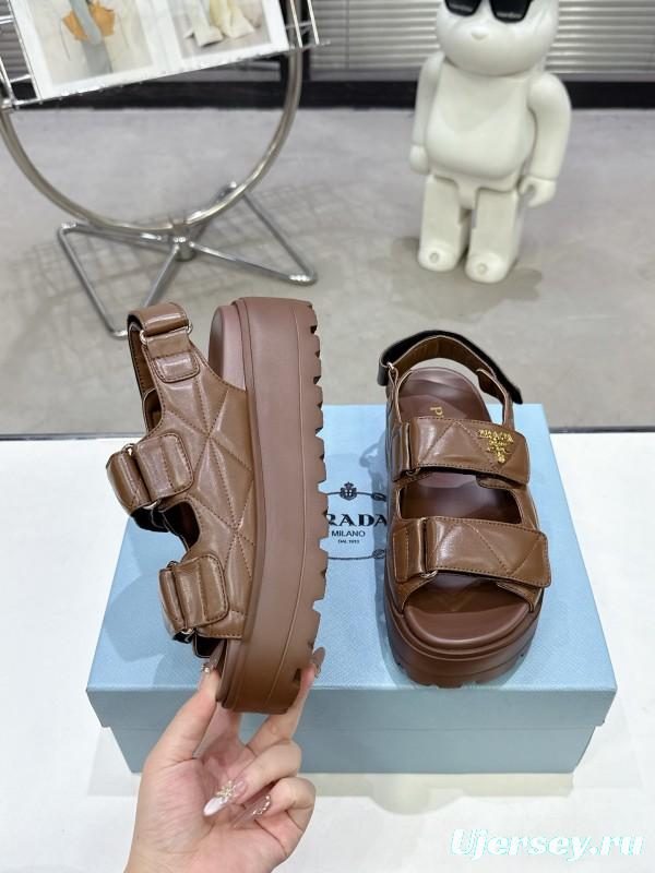 2025 Women Prada Brown Leather Sandals