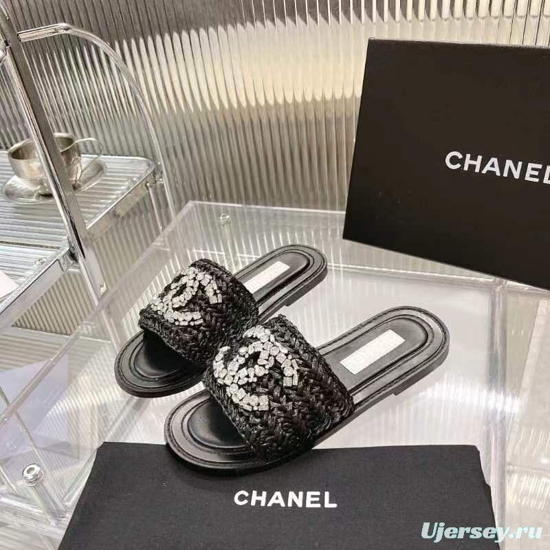 2025 Women Chanel Black Raffia Leather Slippers LY00270