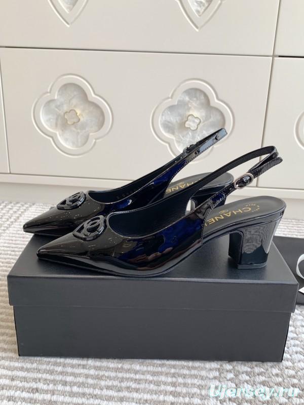 2025 Women Chanel Black Patent Leather Slingback Pumps Heart CC KFY00300