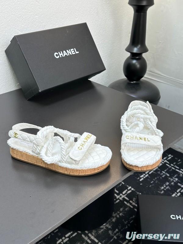 2025 Women Chanel White Leather Roped Espadrille Sandals LY00260