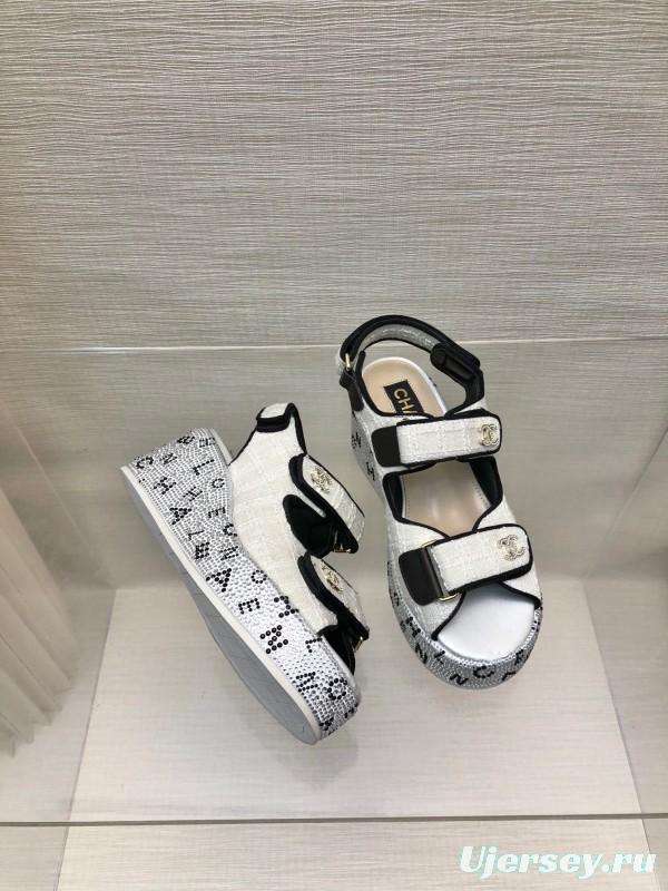 2025 Women Chanel White Black Leather Sandals Platform LY00330