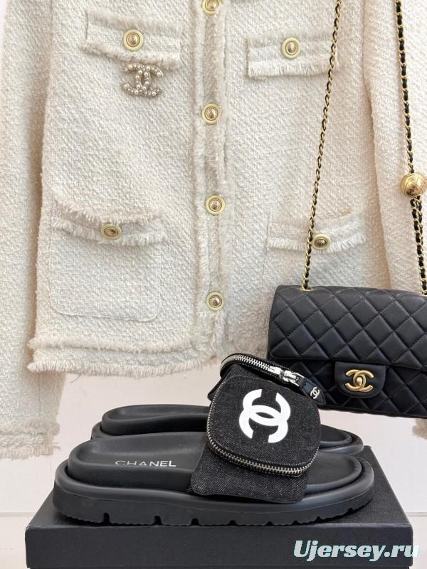 2025 CHANEL Black Fabric Slippers KFY00220
