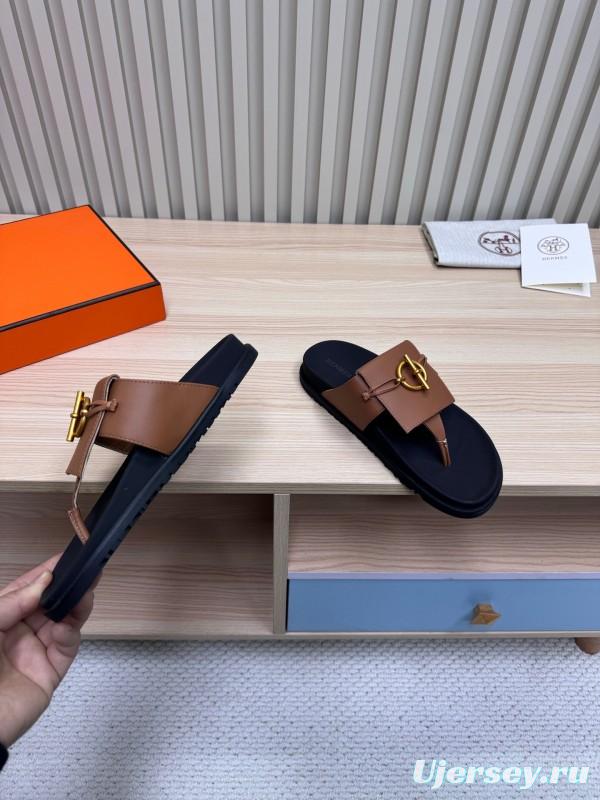 2025 Slippers Hermès Brown Black Leather Slippers