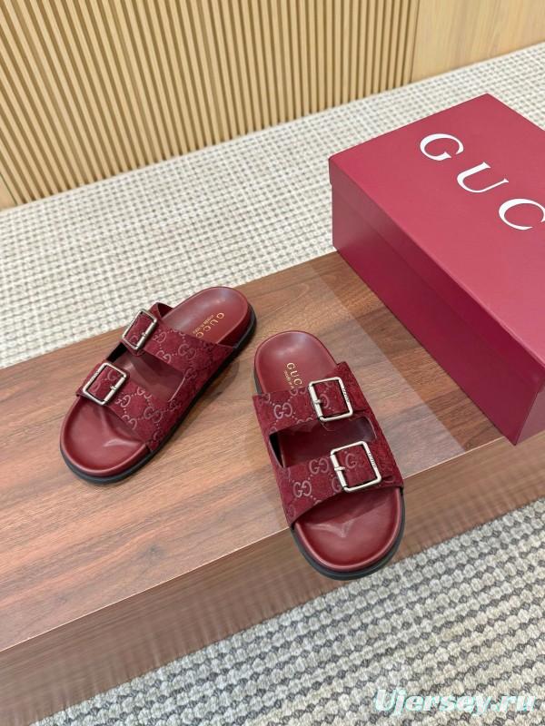 2025 Women Gucci Red Suede Leather Sandals Double Buckle LY00260