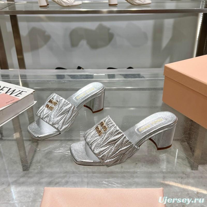 2025 Women Miu Miu Silver Leather High Heel Sandals