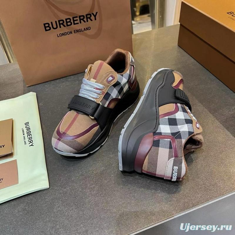 2025 Unisex Burberry Beige Black White Cotton Calfskin Suede Sneakers Vintage Pattern MJ00360(F)