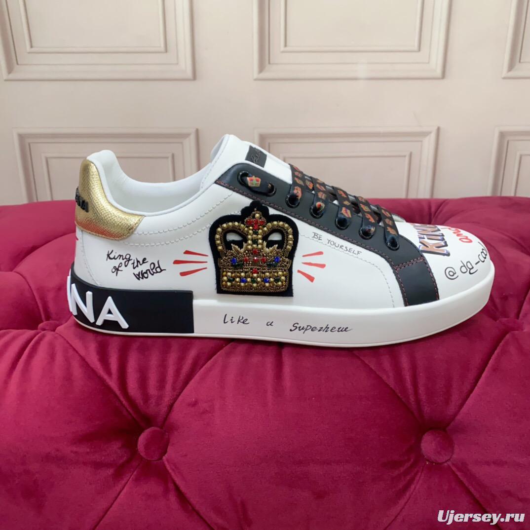 2025 Unisex Dolce & Gabbana White Black Gold Leather Sneakers Embroidered LY00340(F)/LY00360(M)