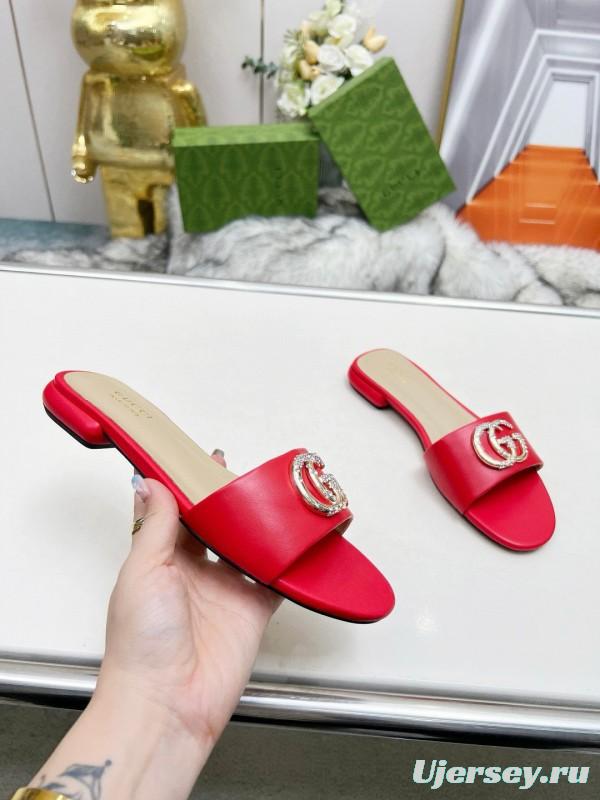 2025 Gucci Red Leather Slippers GG Ornament MJ00190