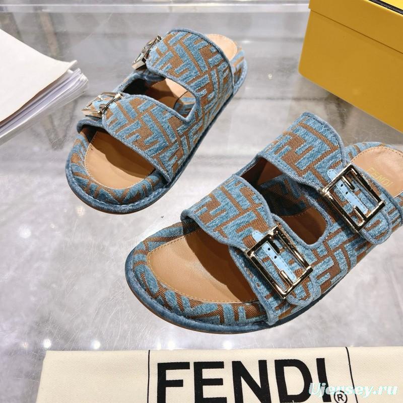 2025 Fendi Blue Beige Fabric Leather Slippers KFY00250