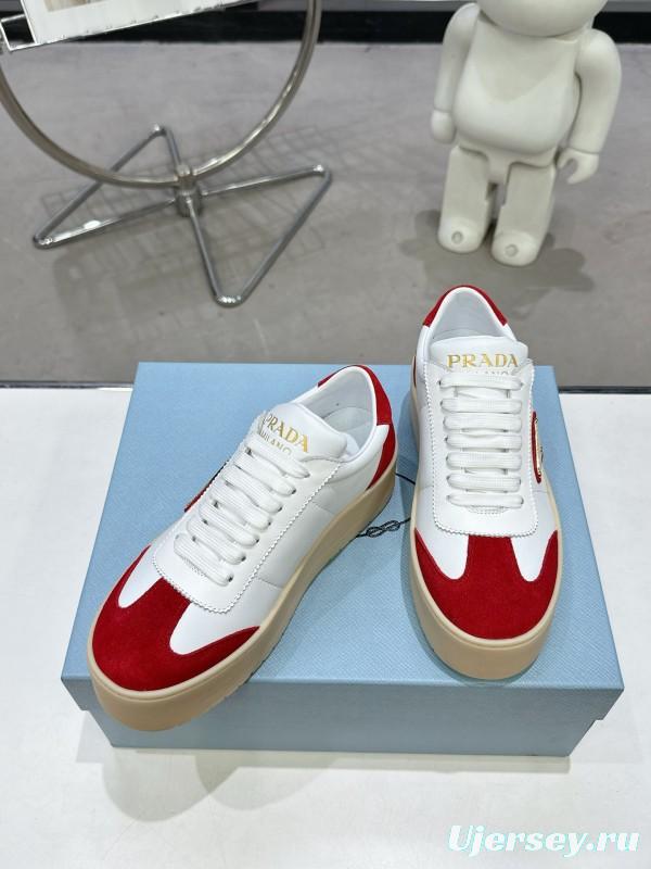 2025 Women Prada White Red Suede Leather Sneakers