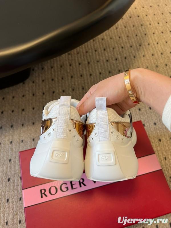 2025 Women Roger Vivier White Pink Leather Mesh Sneakers KFY00380