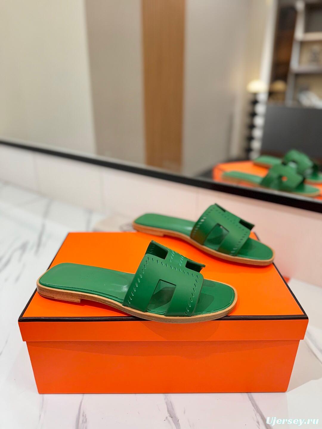 2025 Women Hermès Green Leather Slippers