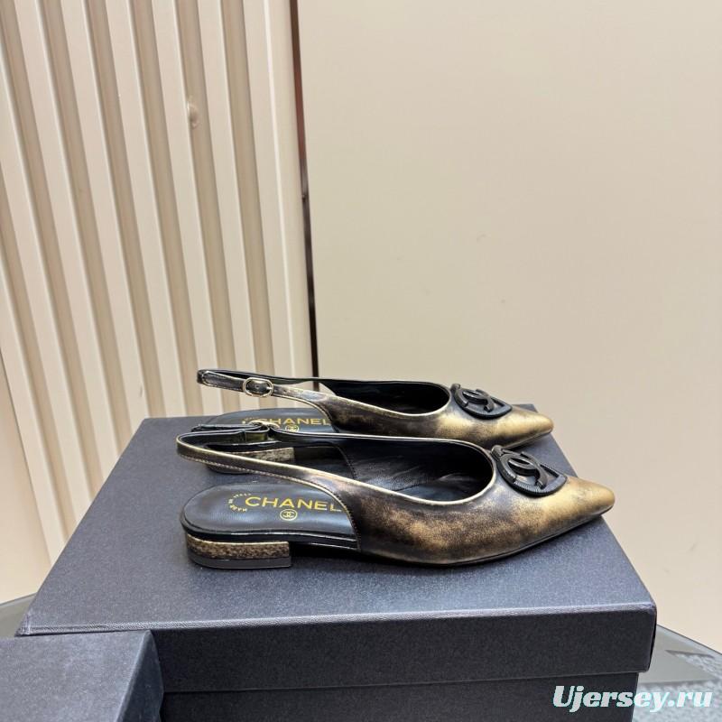 2025 Women Chanel Black Gold Satin Leather Sandals KFY00290