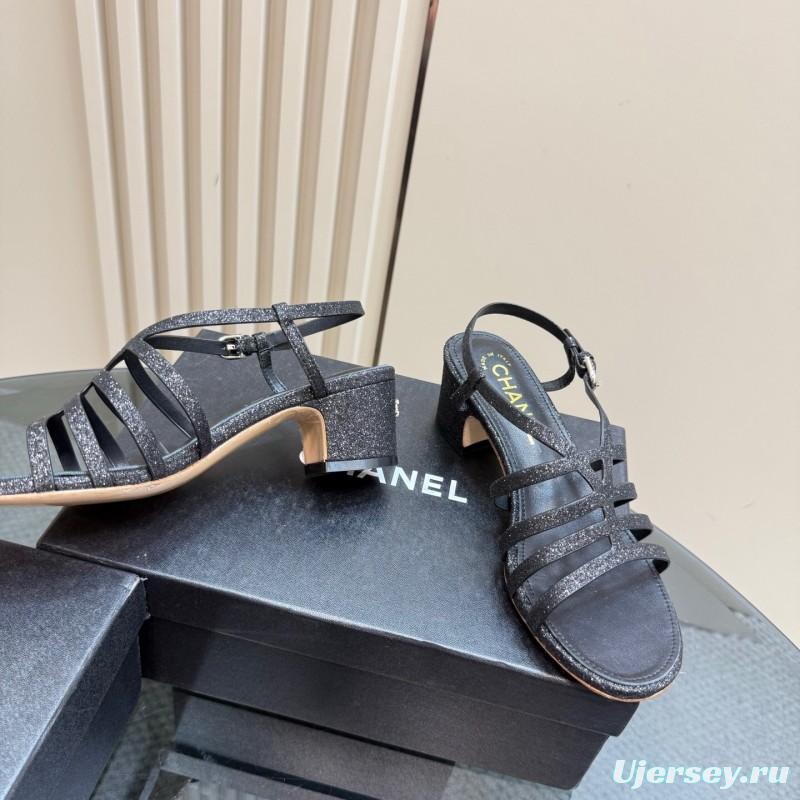 2025 Women Chanel Black Leather Sandals KFY00290