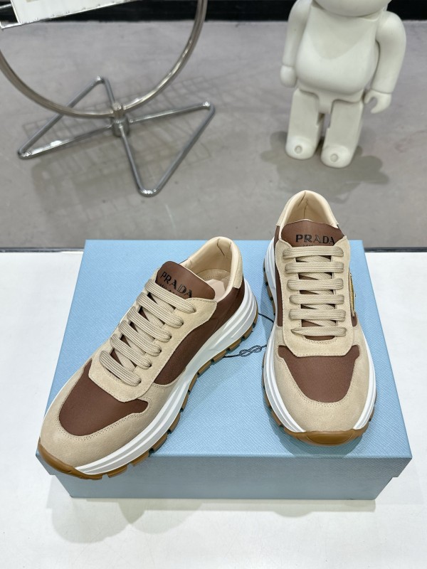 2025 Women Prada Beige Brown Leather Sneakers KFY00310