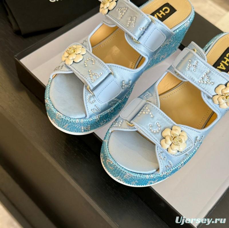 2025 Women Chanel Blue Denim Leather Platform Slippers LY00330