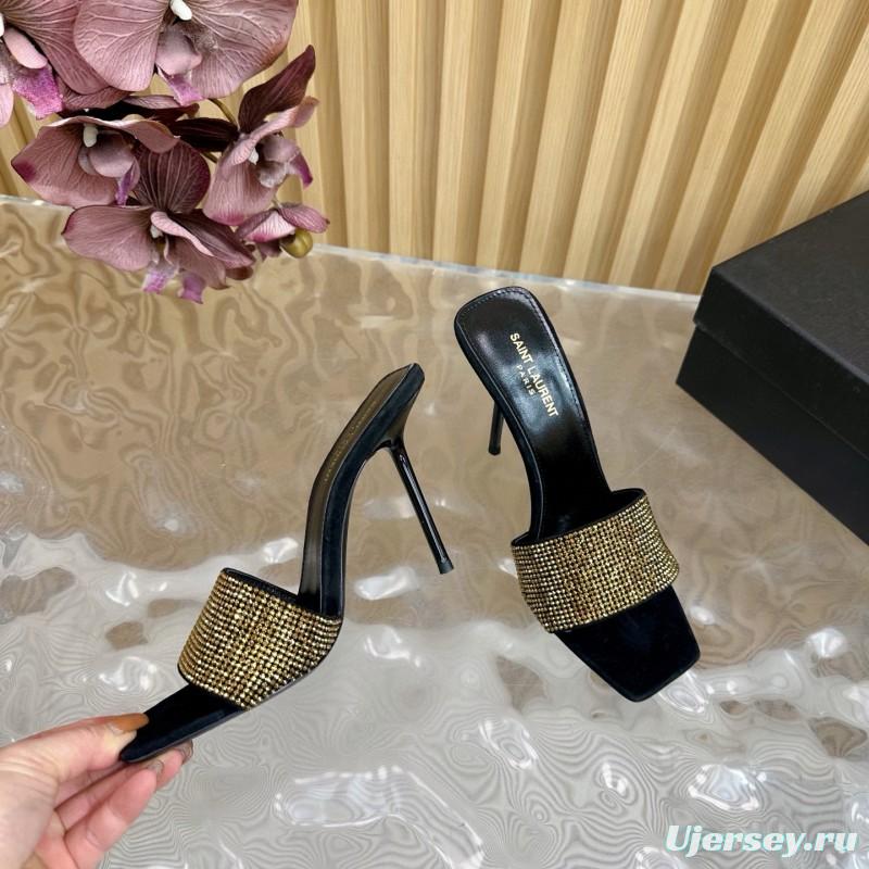2025 Women Yves Saint Laurent Black Gold Rhinestone Leather High Heel Sandals MJ00300
