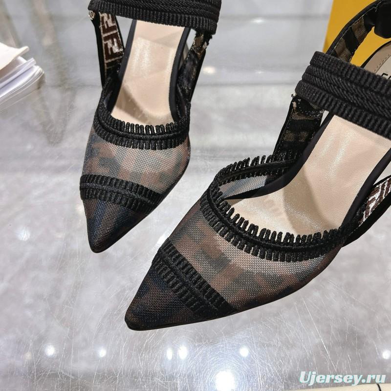 2025 Women Fendi Black Beige Mesh Leather Heels MJ00280