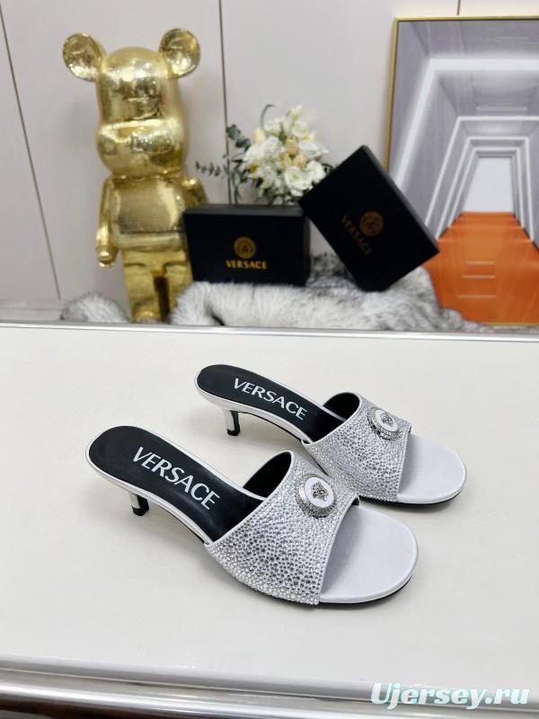 2025 Women VERSACE White Crystal Satin Mules