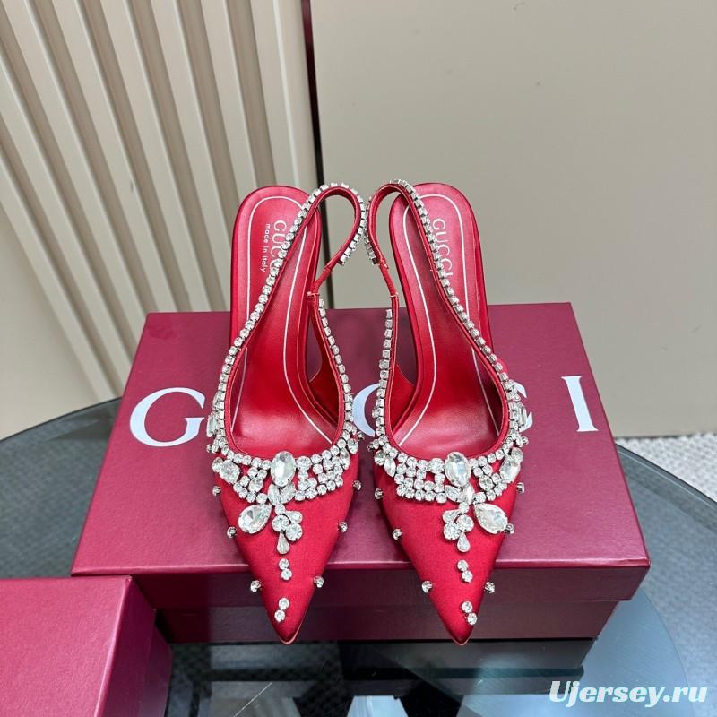 2025 Women Gucci Red Silk Rhinestone Embellished Heels KFY00340