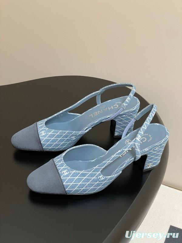 2025 Women Chanel Light Blue Denim Leather Sling-back Heels