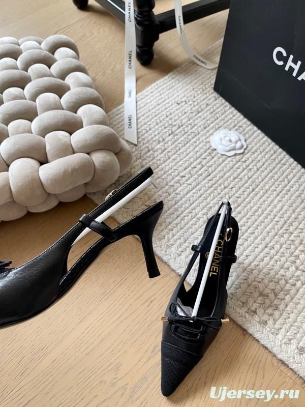 2025 Women Chanel Black Leather Slingback Bowknot Pumps KFY00320